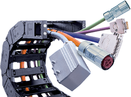 Bağlantıya hazır enerji kaynağı modülleri, hareketli kablo kanalları, kablolar ve endüstriyel konnektörler